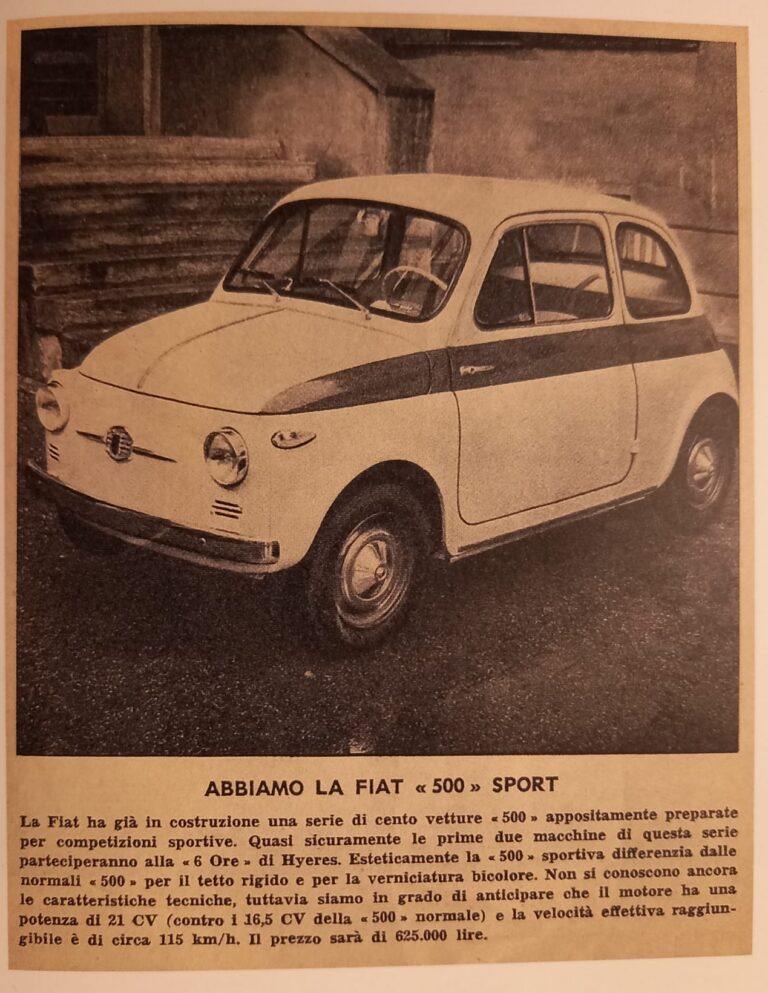 Zeitschriftenausschnitt «Abbiamo la Fiat 500 Sport»: heller Fiat 500 mit festem Dach und dunklem Zierstreifen