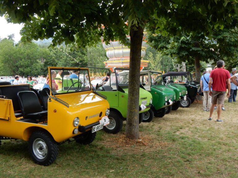 Ferves-Treffen in Garlenda 2016, Bild 5 von 6 – Schrägansicht der Fahrzeugreihe mit gelbem Ferves Ranger im Vordergrund