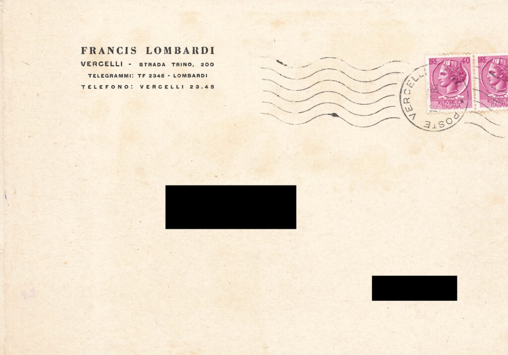 Francis Lombardi, Couvert mit Absender, Briefmarken und Poststempel Vercelli