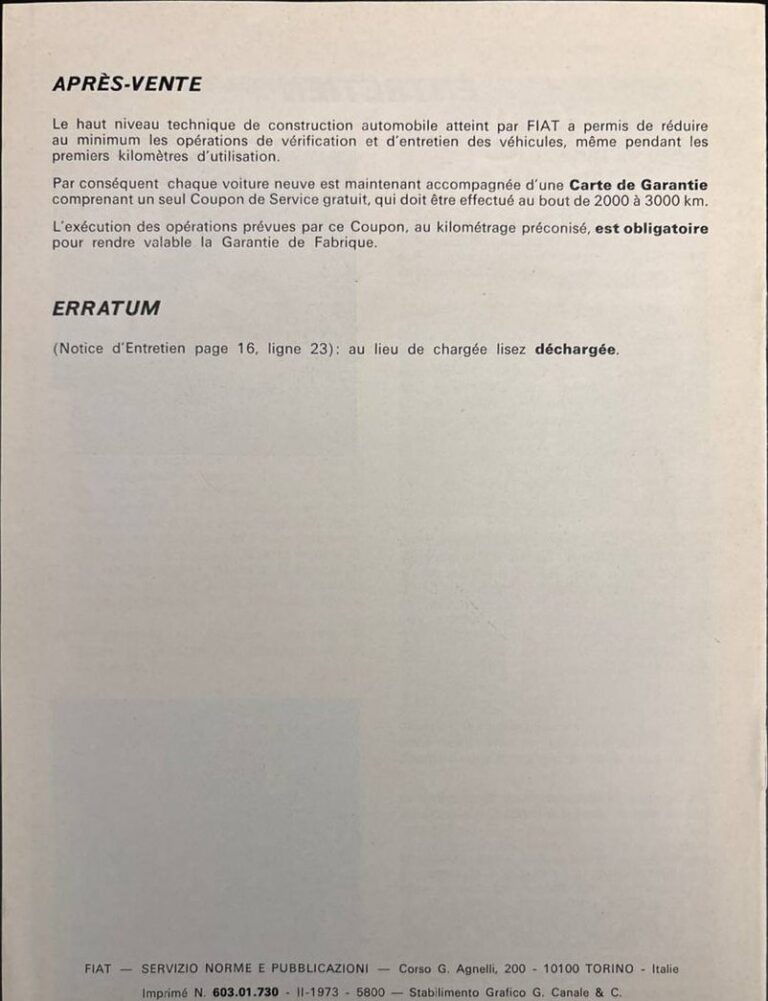 Fiat 500 – Variantes à la Notice d’Entretien – Rückseite