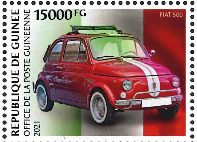Briefmarke Guinea 2021 mit dem Fiat 500