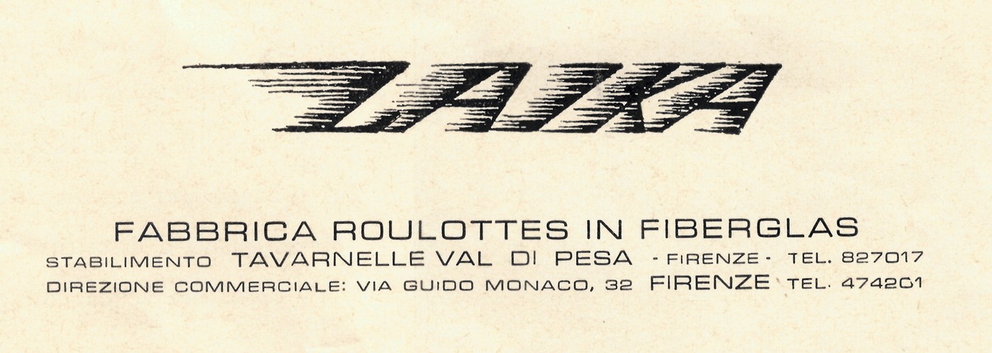 Briefkopf Laika: Fabbrica roulottes in fiberglas, Stabilimento Tavarnelle Val di Pesa (Firenze), Direzione commerciale Via Guido Monaco 32 Firenze