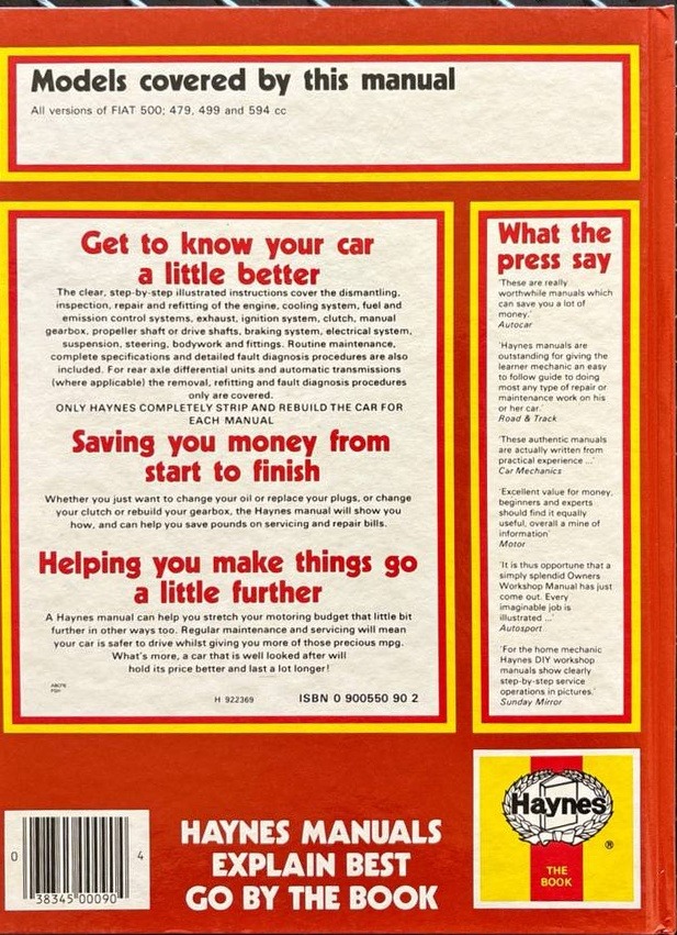 Fiat 500 1957 to 1973 Owners Workshop Manual – Rückseite