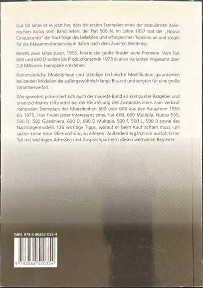 Praxisratgeber Klassikerkauf FIAT 500&600 Limousine, Multipla, Giardiniera & 126 1955 bis 1992 – Rückseite